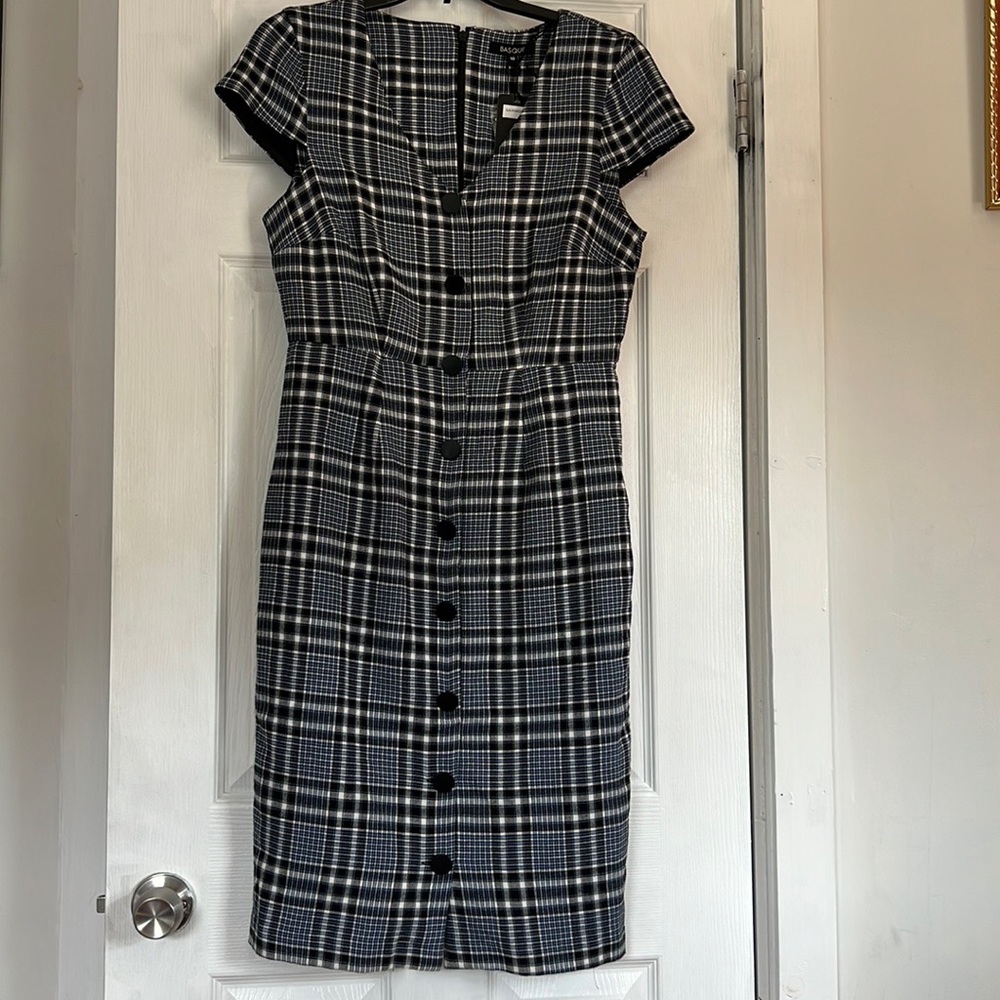 Basque Womens Midi Dress Blue Black plaid Size 10 Cap Sleeves Cotton Blend NWT